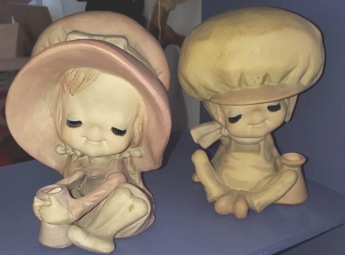 Adorable Vintage 1970s Japan Figurines of Boy & Girl with Long Eyelashes