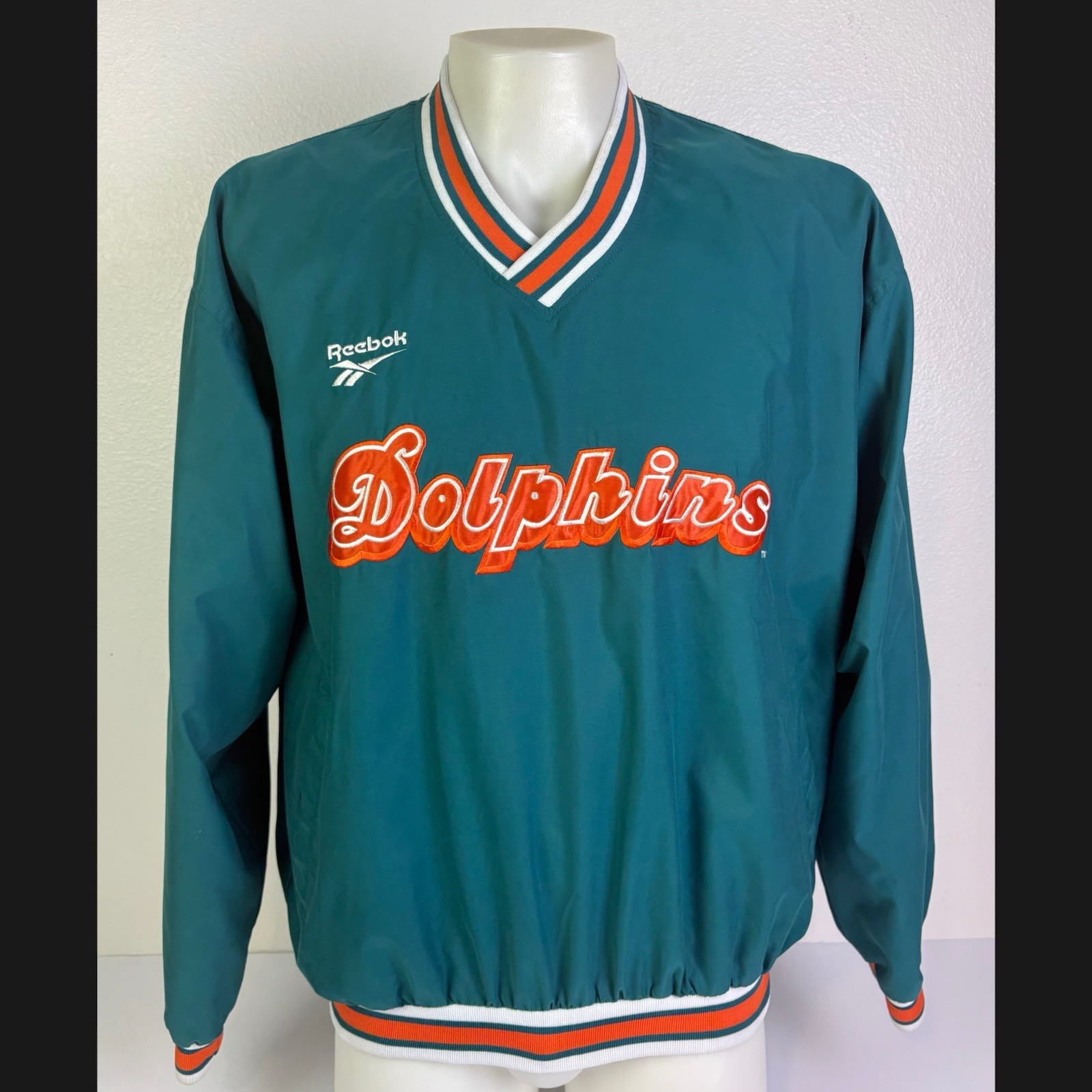 Vintage Reebok Miami Dolphins NFL Pro Line Pullover Windbreaker Jacket Mens L