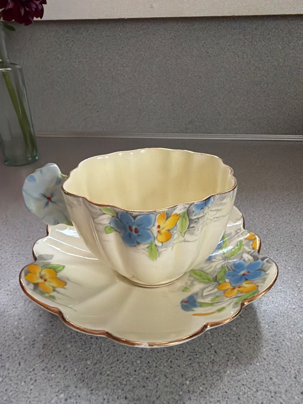 Royal Paragon Floral Teacup Saucer Flower Handle Hand Painted England Vintage Royal Paragon Floral Teacup Saucer Flower Handle Hand Painted England Vintage