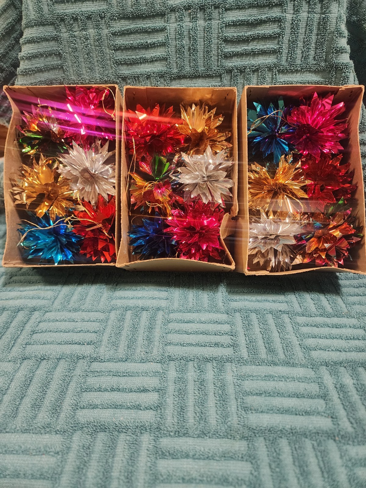 Vintage MCM Aluminum Foil Pom Pom Atomic Tree Ornaments Japan 18 Total Vintage MCM Aluminum Foil Pom Pom Atomic Tree Ornaments Japan 18 Total