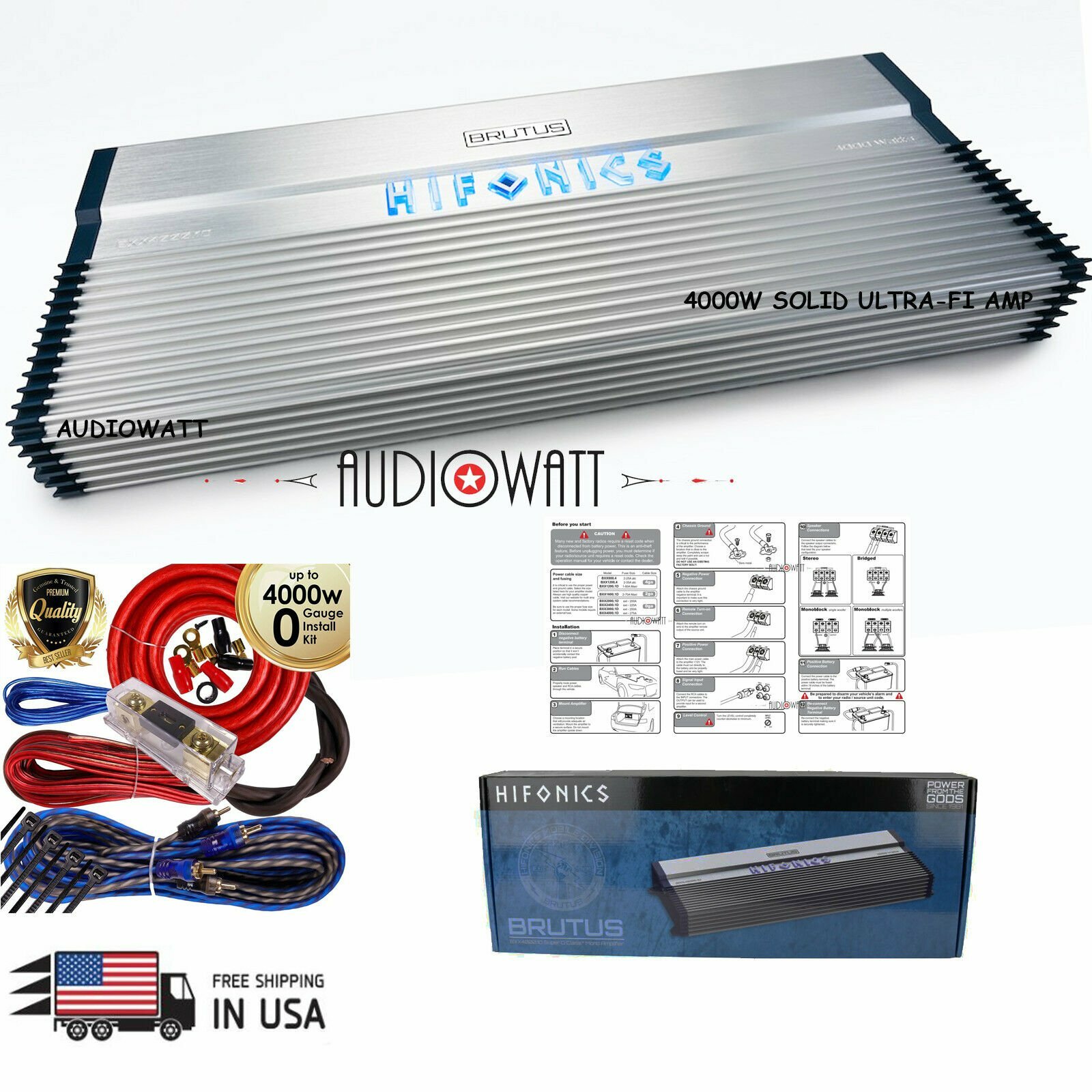 HIFONICS BXX4000.1D BRUTUS 4000W 1-OHM STABLE ULTRA-FI MOSFET 1-CH AMP + AMP KIT
