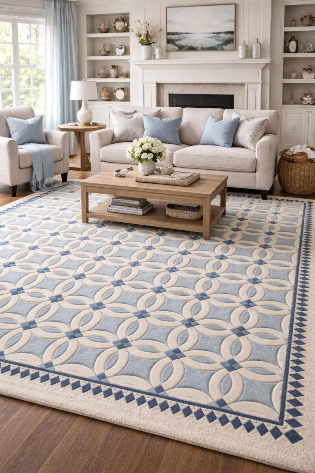 Hand Tufted Blue and Ivory Geometric Rug Modern Coastal Luxury Wool Area Rug. Hand Tufted Blue and Ivory Geometric Rug Modern Coastal Luxury Wool Area Rug.