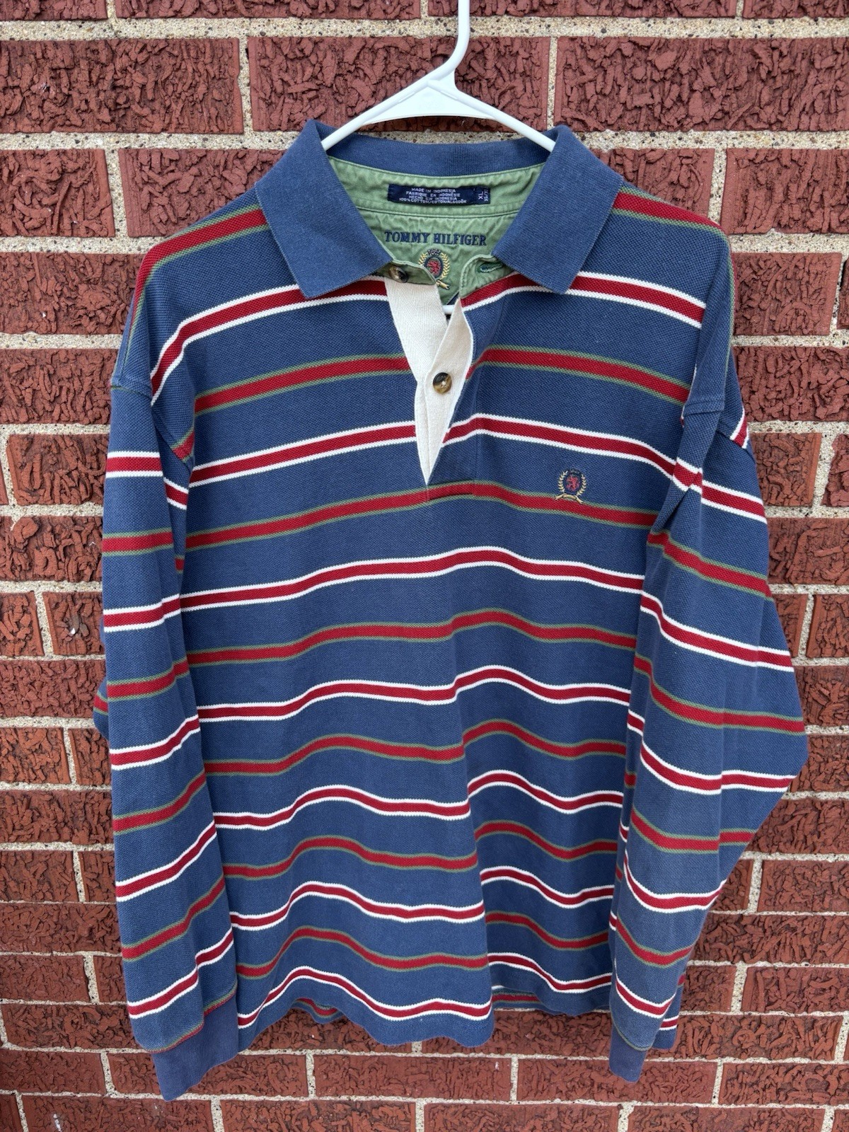 Vtg Tommy Hilfiger Crest Mens XL Long Sleeve Rugby Shirt Striped Blue Red Green