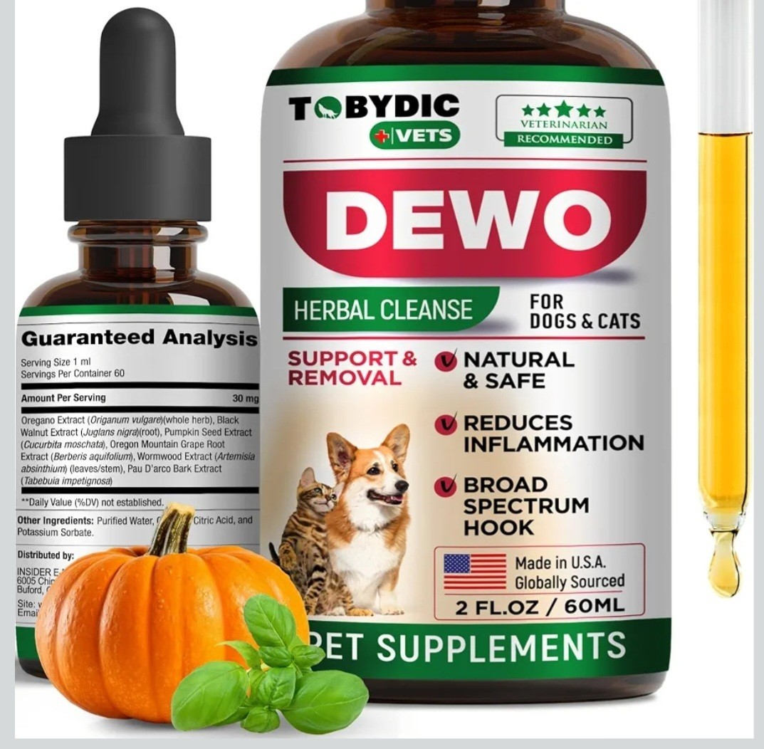 Natural plant-based herbal drops that help expel parasites. Deworms dogs & cats.