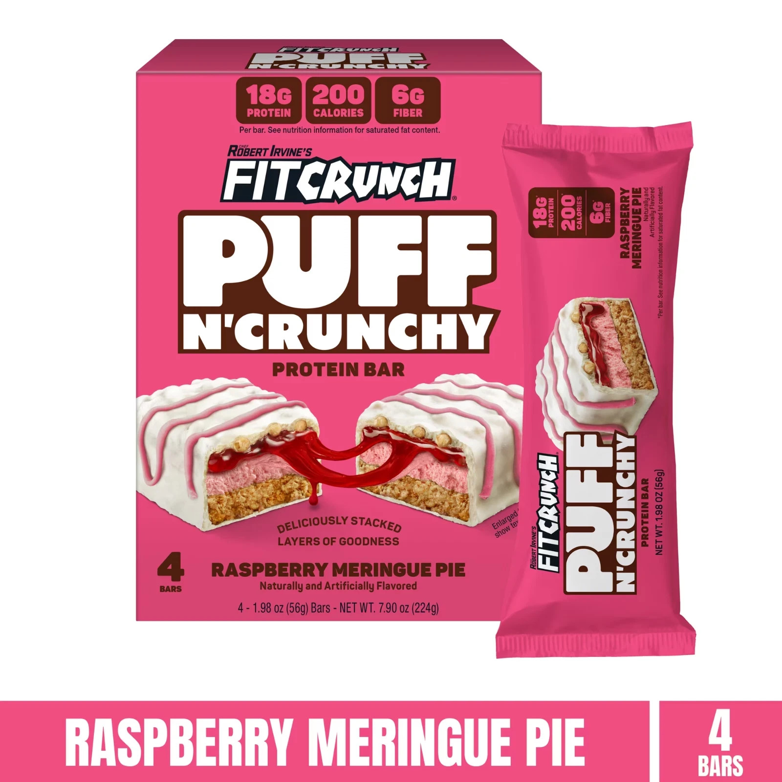 FITCRUNCH Puff n\' Crunchy, Raspberry Meringue Pie, 18g Protein, 4 Count