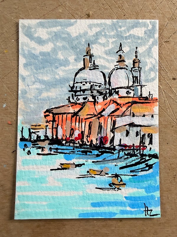 ACEO Original Venice Italy, Venice Canal - Gondola Art- Mixed Media