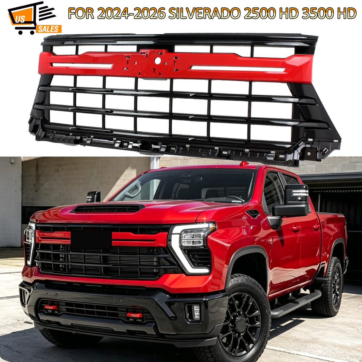 Red Hot + Black Front Bumper Grille Assembly For 2024-2026 Silverado 2500 3500HD