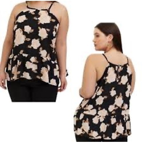 Torrid Black Floral Georgette Drop Waist Peplum Halter Top Plus Size 1X 14-16