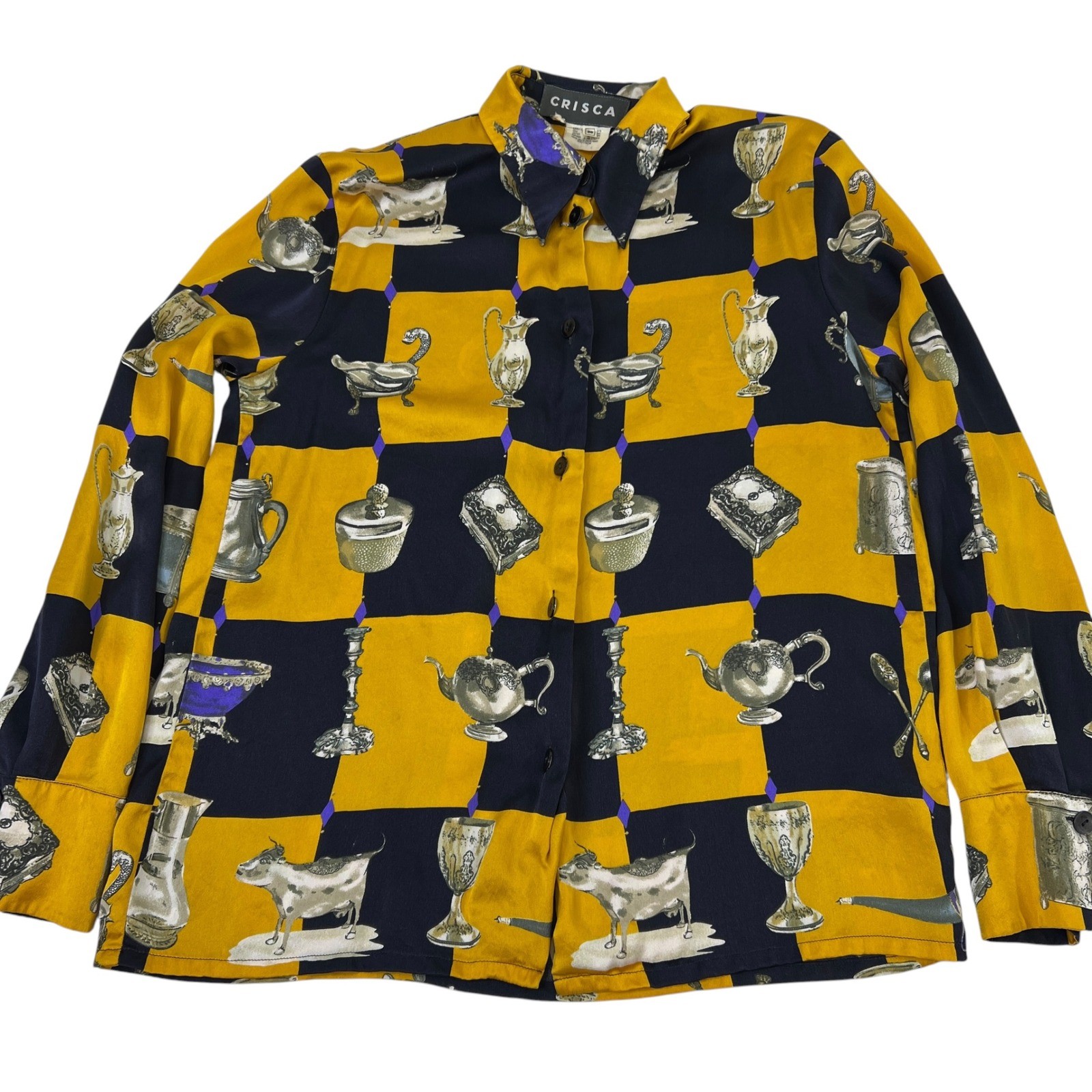 Vintage Crisca Silk Blouse Womens 36 Mustard Navy Novelty Print Made Italy