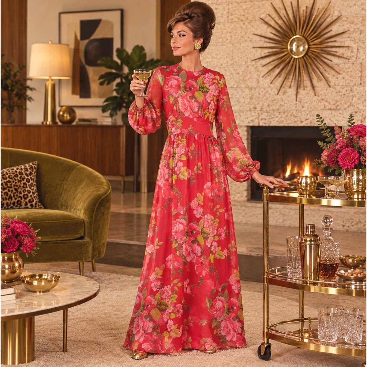 Adele Simpson Vintage 60s Red Floral Chiffon Maxi Dress S M Hostess Glam Elegant