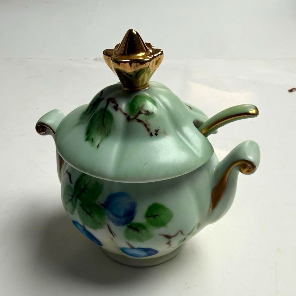 Vintage Hand Painted Porcelain Condiment Jar w/Lid Spoon Floral Gold Trim Signed Vintage Hand Painted Porcelain Condiment Jar w/Lid Spoon Floral Gold Trim Signed