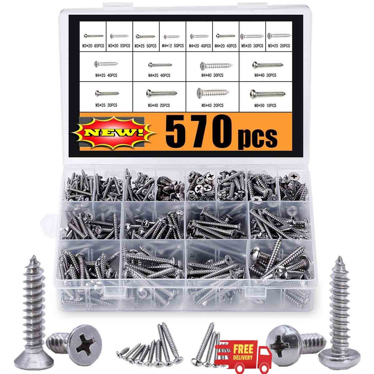Juego surtido de 570 tornillos autorroscantes: Kit de tornillos para chapa de ac