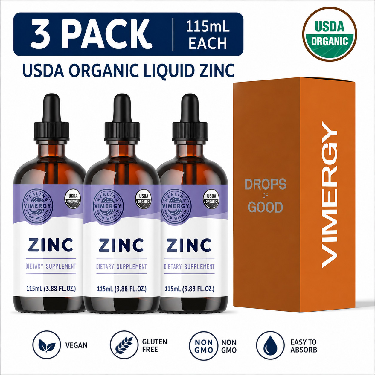 Vimergy USDA Organic Liquid Zinc Drops 115 mL 3 Pack Immune Support Vegan Non GM
