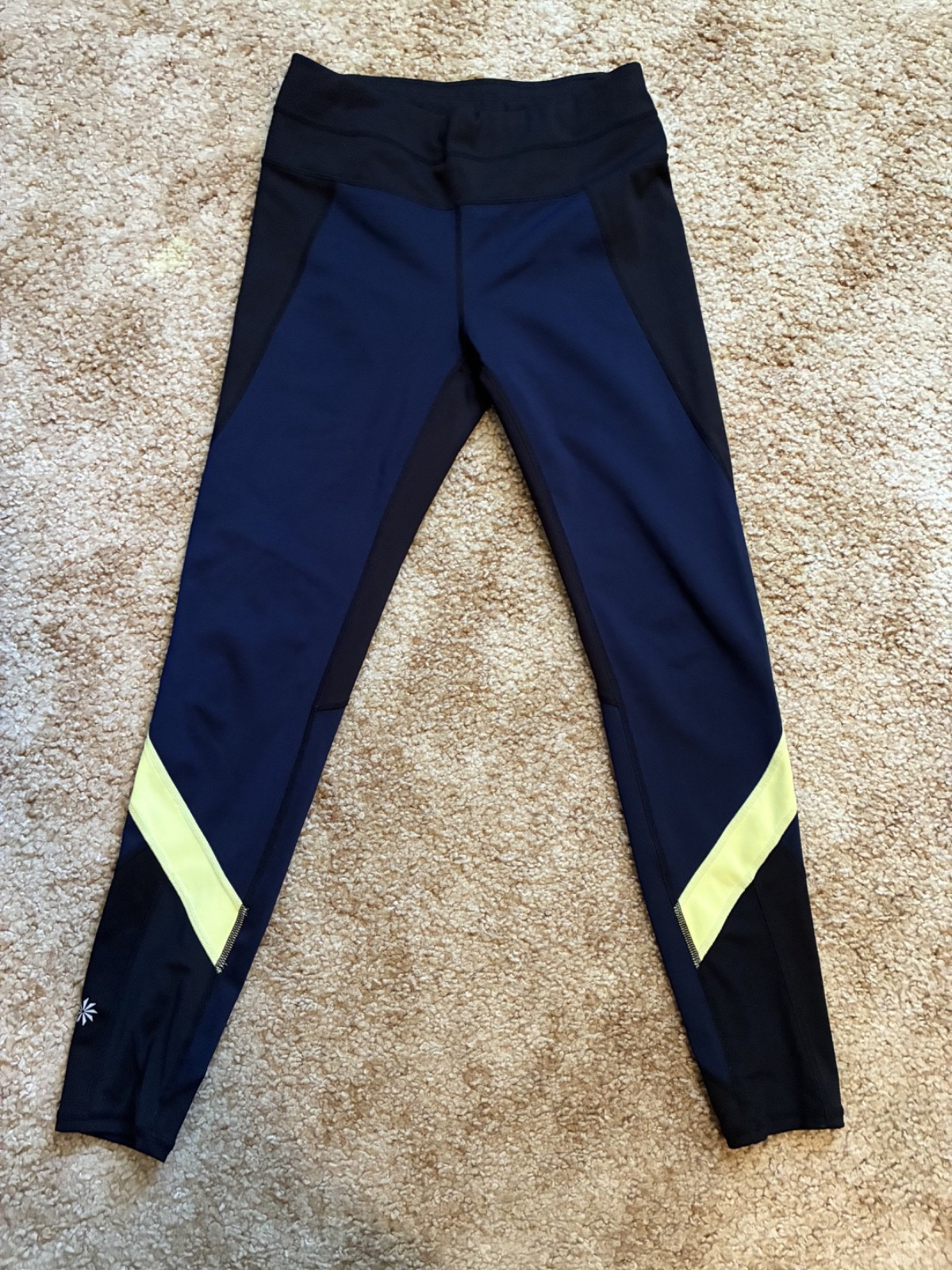 Athleta Women\'s XS Running Leggings Ankle Navy Black Neon Yellow Zip Pocket