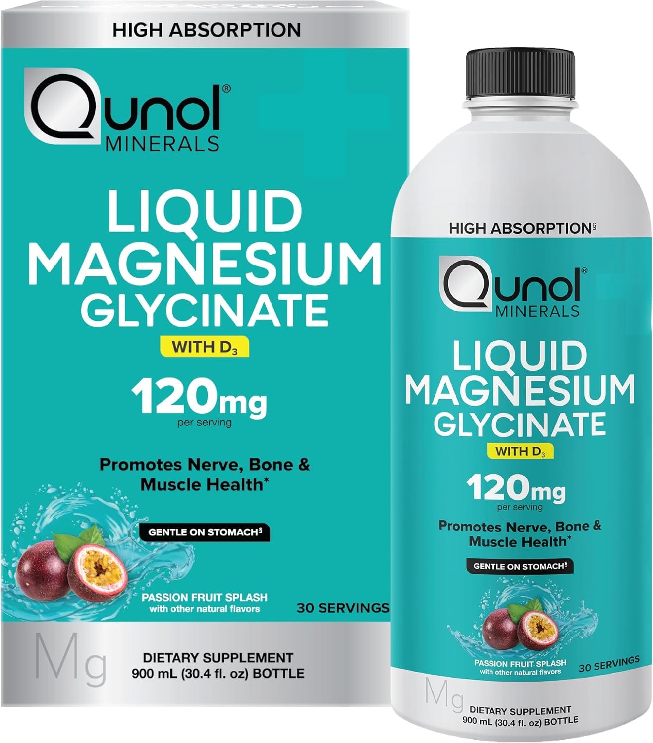 Qunol Liquid Magnesium Glycinate 120mg w/Vitamin D3 Passion Fruit 30.4oz