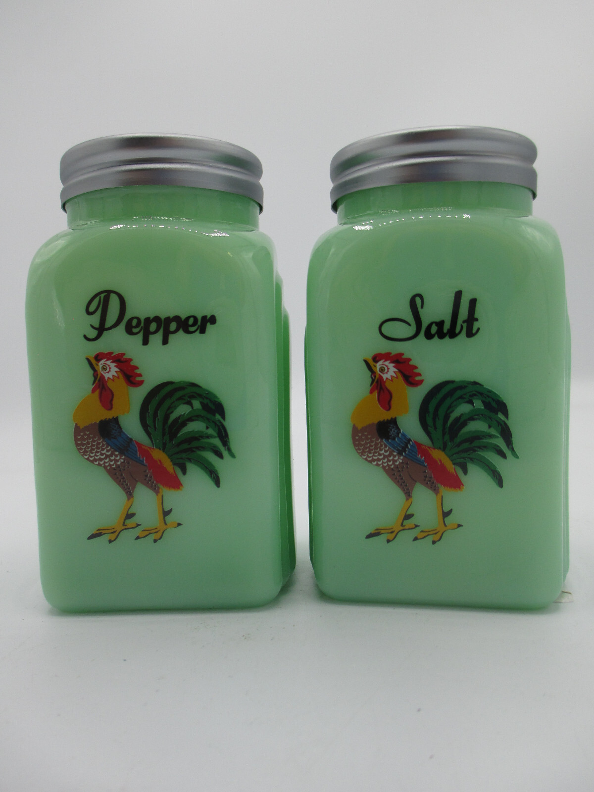 Jadeite Arch Salt Pepper Set Colorful Roosters Mid Century Retro Green Glass