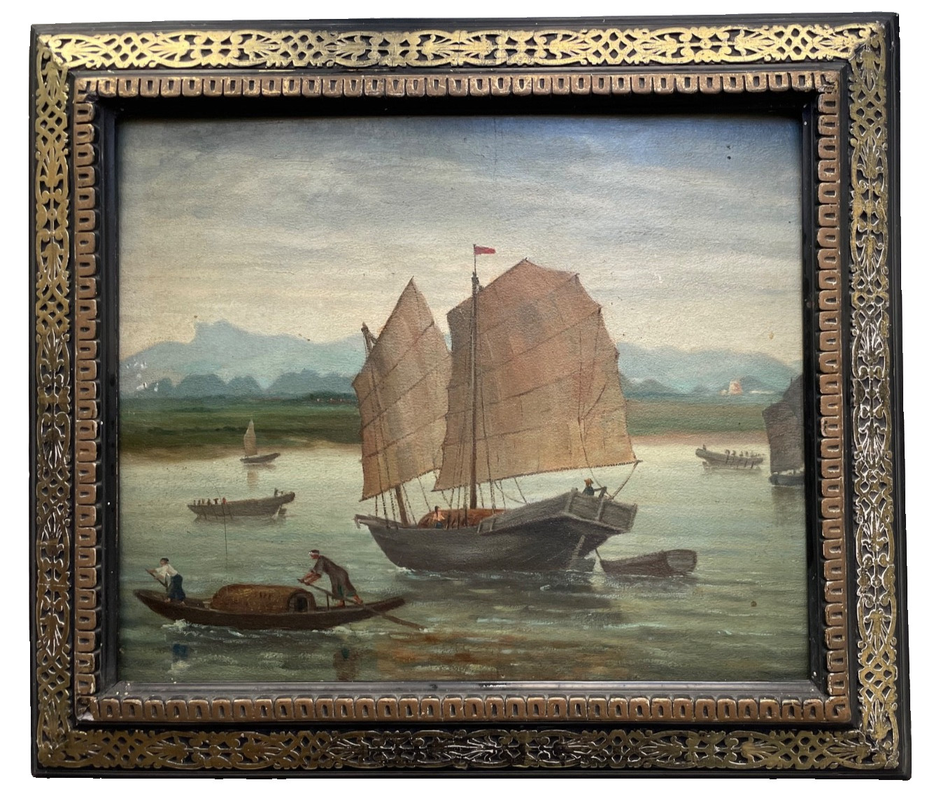 1890 Antique Oil Painting Junks at Haiphong Vietnam Tonkin Dated Signed Framed