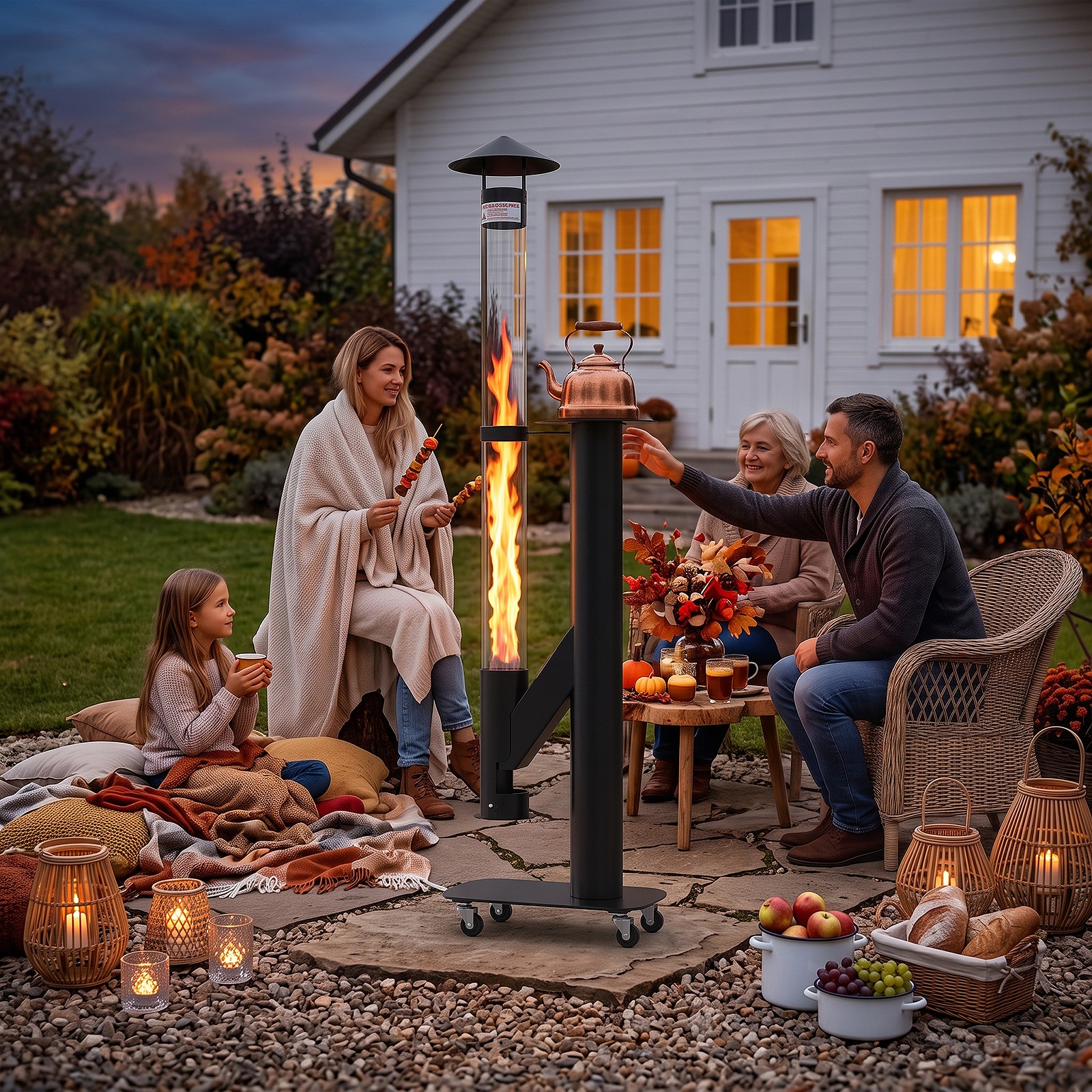 NAIZEA Portable Wood Pellet Patio Heater, Smokeless Glass Tube w/ Wheels & Table