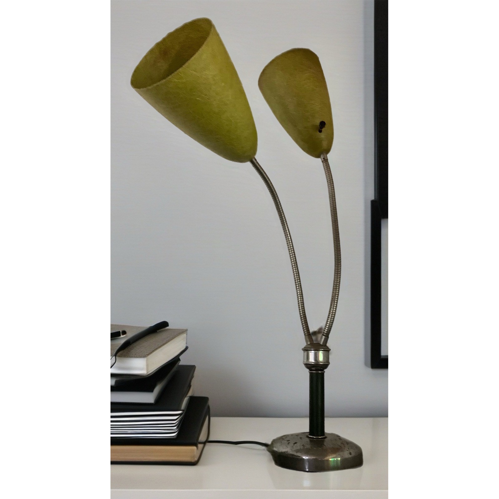 Vintage Mid Century Double Gooseneck Lamp Fiberglass Bullet Shades Retro 50s
