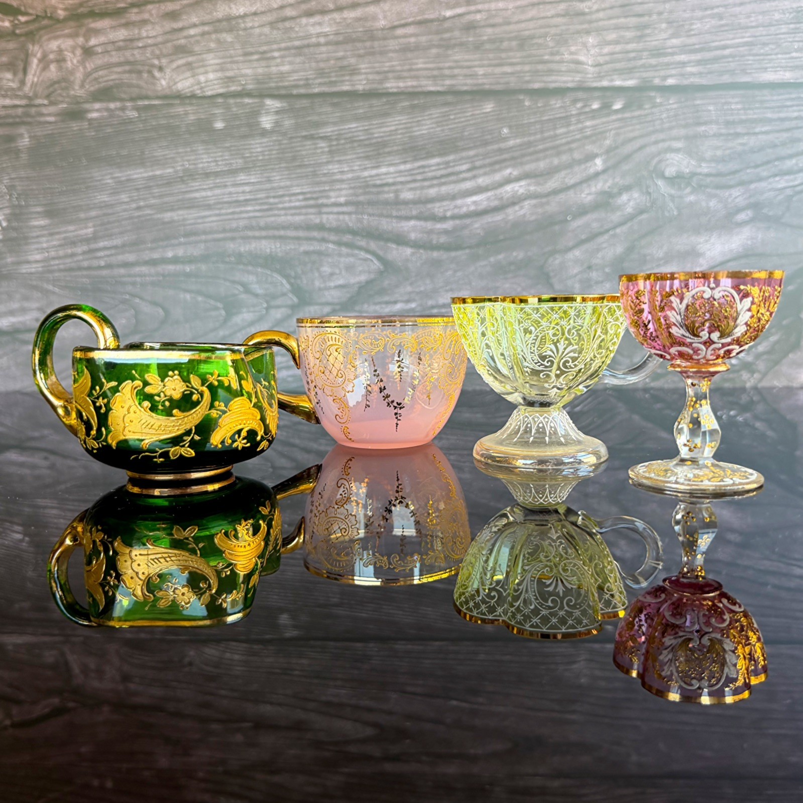 Antique Moser Bohemian Glass Set of 4 Assorted Cups Gilt Enamel Victorian