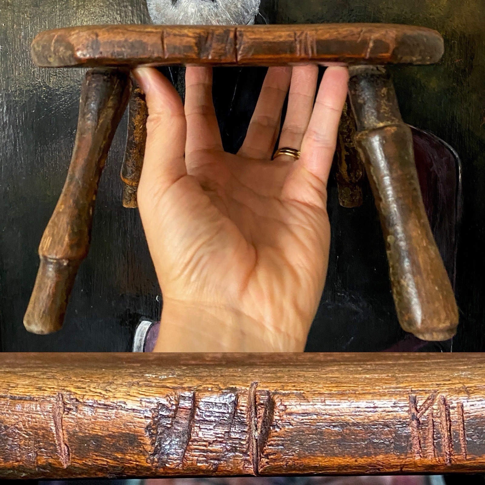 Antique Late 18th C. Candle Stool With Collection Of Strange Vernacular Markings