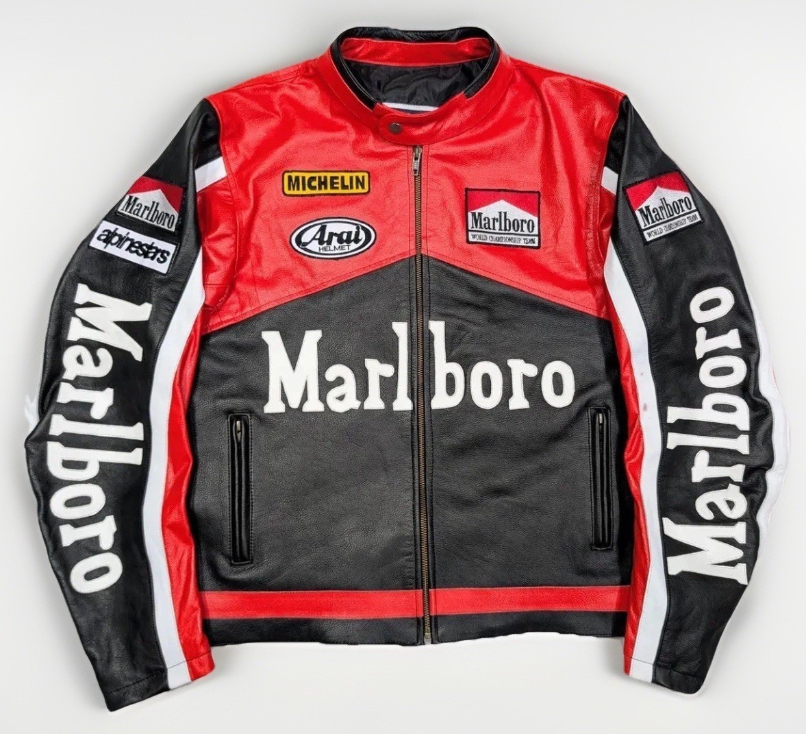 Men's 90’s Marlboro B&R Embroider Patch Black & Red Racing Real Leather Jacket Men's 90’s Marlboro B&R Embroider Patch Black & Red Racing Real Leather Jacket