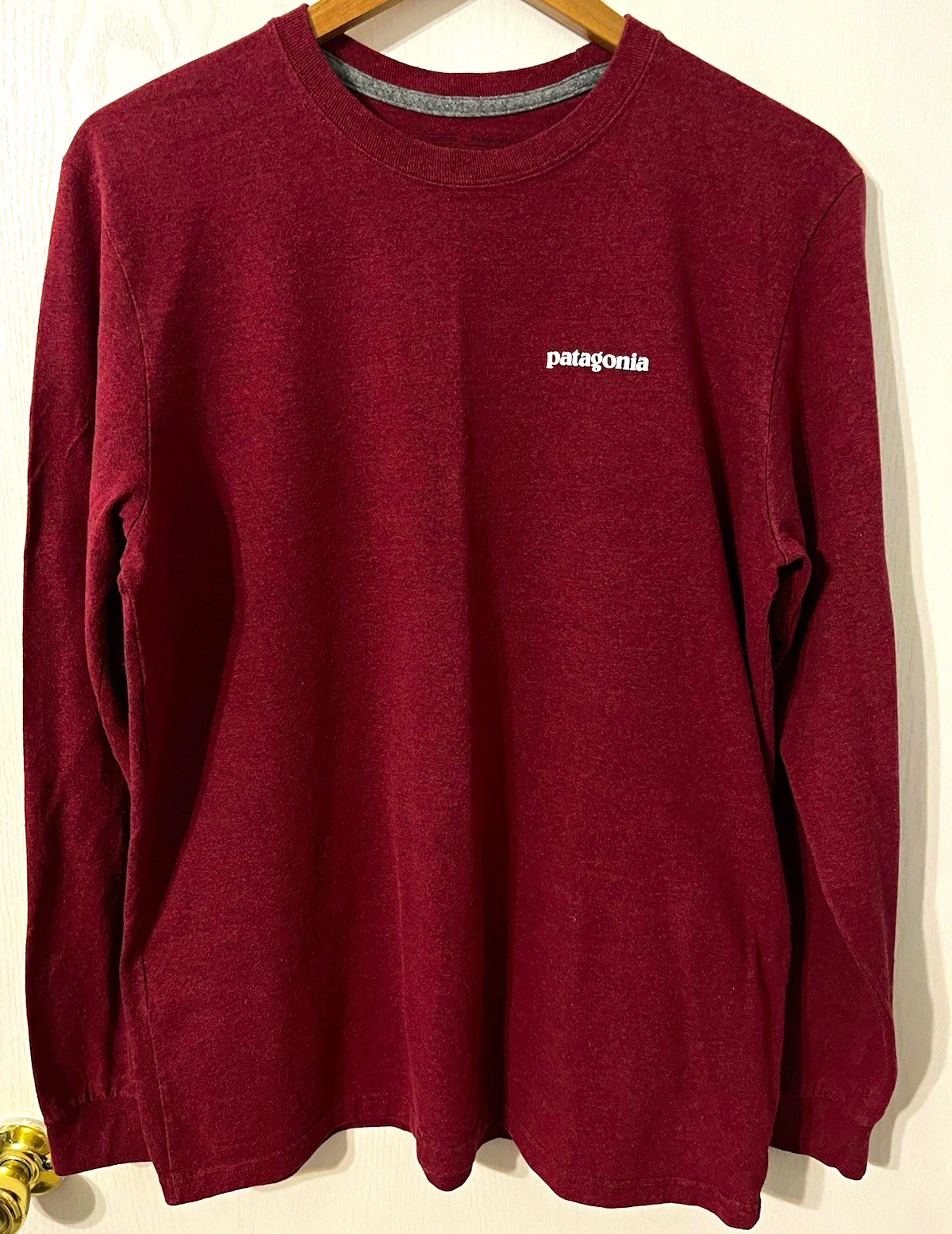 Patagonia Men’s L Burgundy Long Sleeve Crew Neck Cotton Knit Graphic Logo Tee