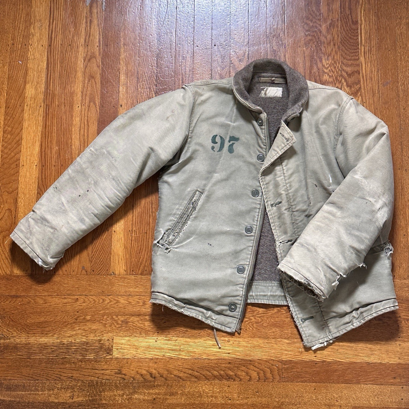 1940s WWII USN N-1 Deck Jacket - Sz 44 - distressed 1940s WWII USN N-1 Deck Jacket - Sz 44 - distressed