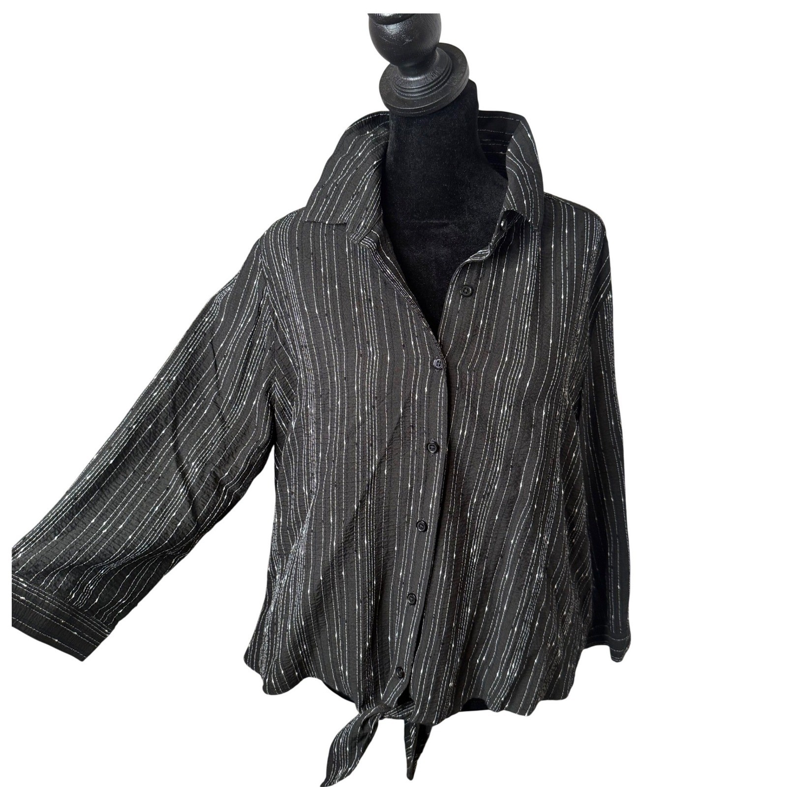 Chico\'s Crinkled Textured Button Blouse Striped Black Size L Black Tie Front