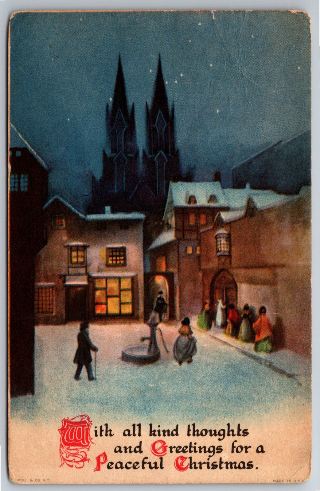 Peaceful Christmas, Village, People, Night Scene, Vintage Postcard