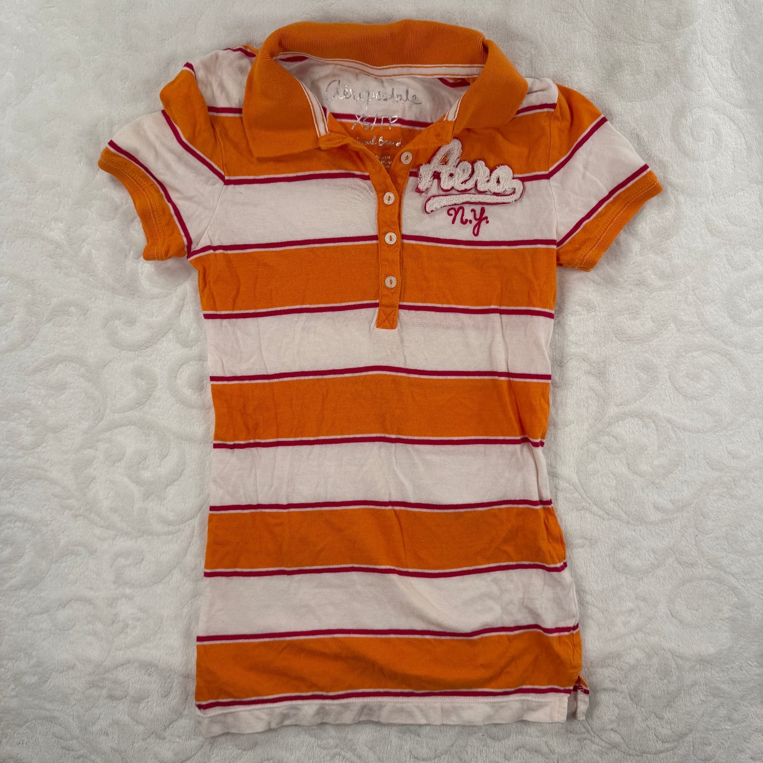 Aeropostale Women\'s XS Striped Polo Shirt Orange White Red Short Sleeve Cotton Aeropostale Women\'s XS Striped Polo Shirt Orange White Red Short Sleeve Cotton