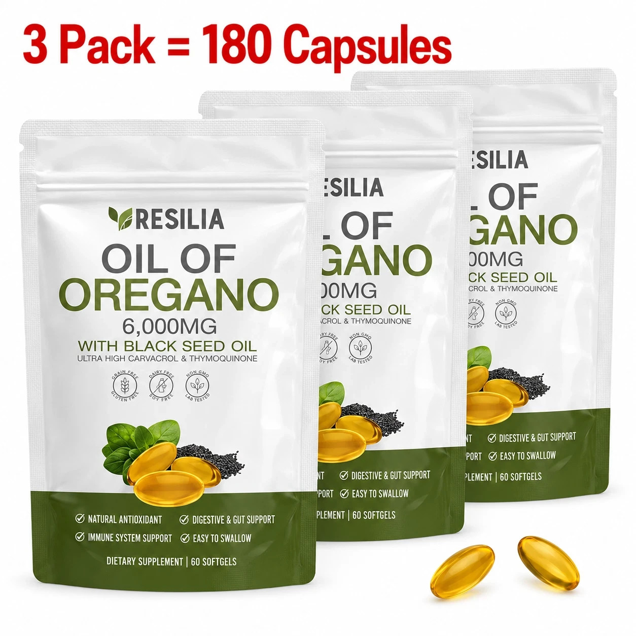 3 PACK Resilia Oil of Oregano 6000mg with Black Seed Oil Softgels 3 PACK Resilia Oil of Oregano 6000mg with Black Seed Oil Softgels