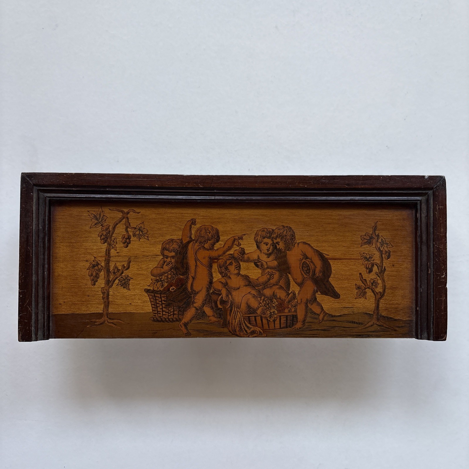 Antique Marquetry Panel with Cherubs – Victorian Wooden Decorative Plaque