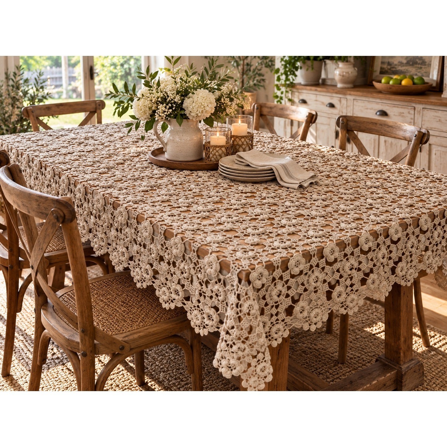 Vintage Handmade Crochet Tablecloth Bedspread Floral Rosette Cottagecore 62x84