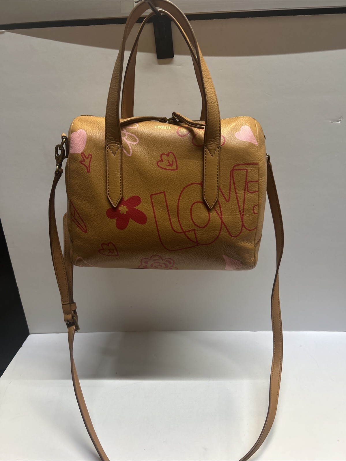 NWOT Rare Fossil Sydney Satchel Love Letter Honey Brown SHB2874179 Leather
