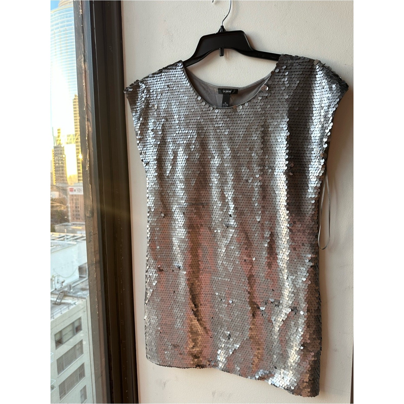 Alfani Women’s Shirt Size XL Silver Sequin Tunic with Cap Sleeves