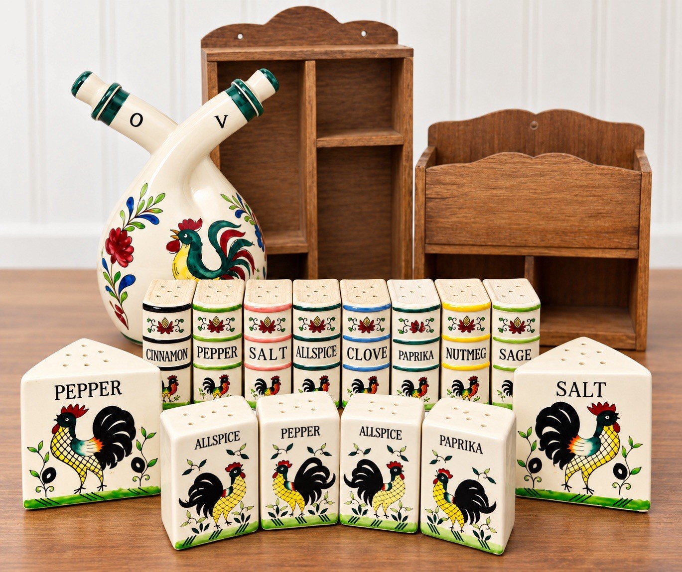 Vtg 1950’s Rooster Spice Shaker Set O/V Cruet Wood Racks Hand Painted Rare Japan