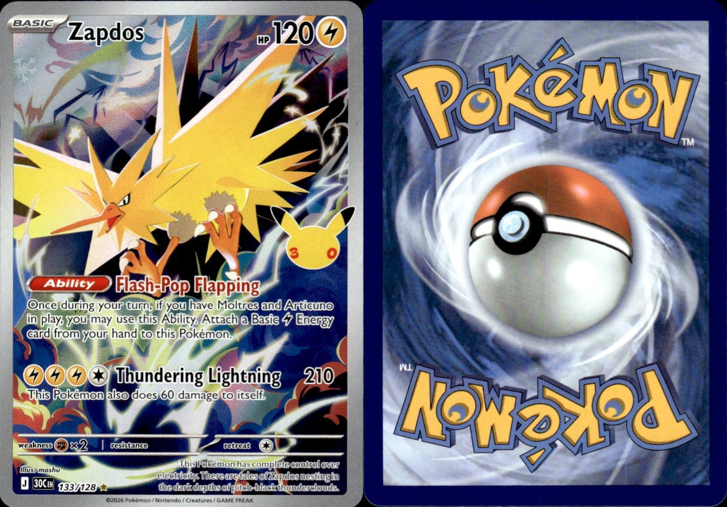 Pokemon Zapdos Illustration Rare 133/128 ME: 30th Celebration Holofoil NM