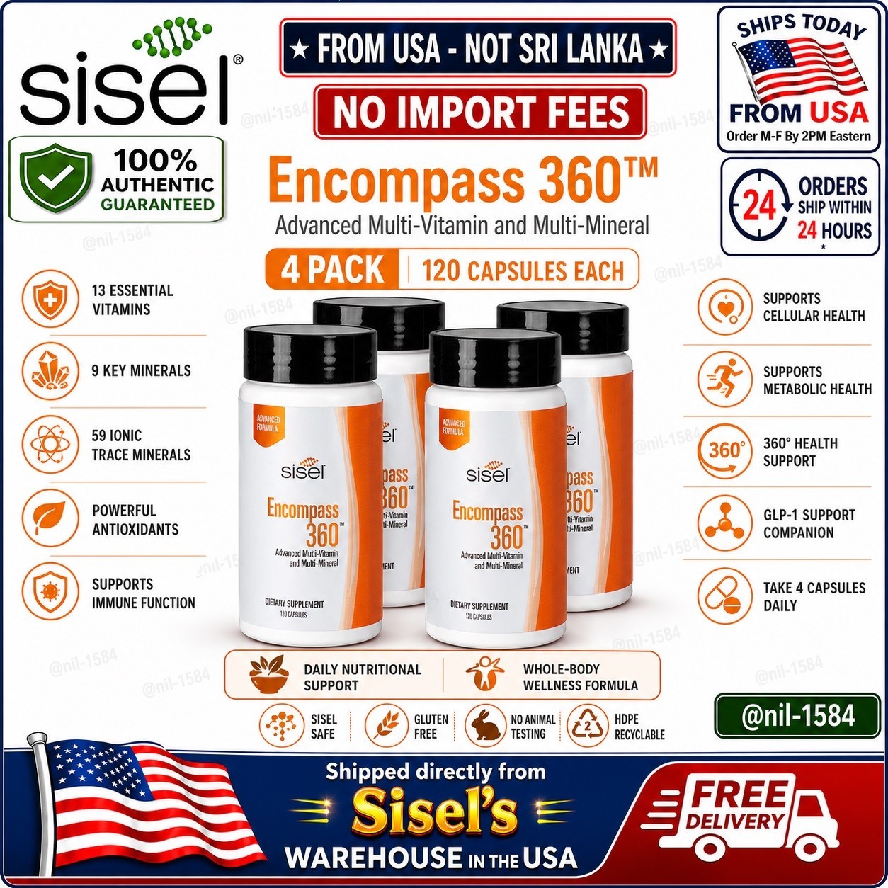 4x Sisel Encompass 360 Multivitamin Mineral Immune Energy Support 120 Capsules🔥