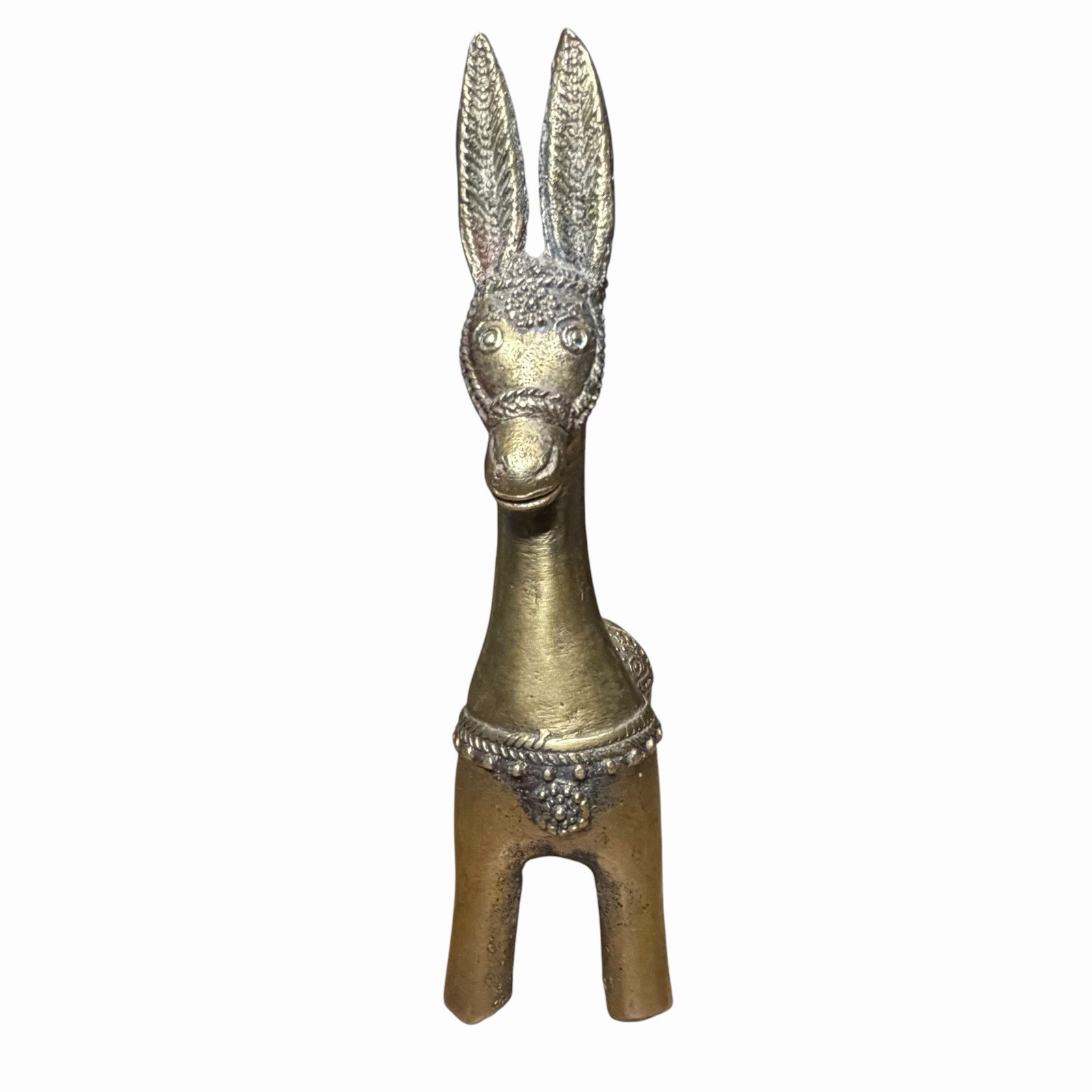 Vintage Indian Dhokra Brass Donkey Figurine Saddle Animal Theme 6.5in Tall