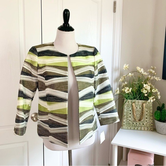 Kasper Chevron Stripe Blazer NWT 4 Avocado Green Open Front Collarless Flaw