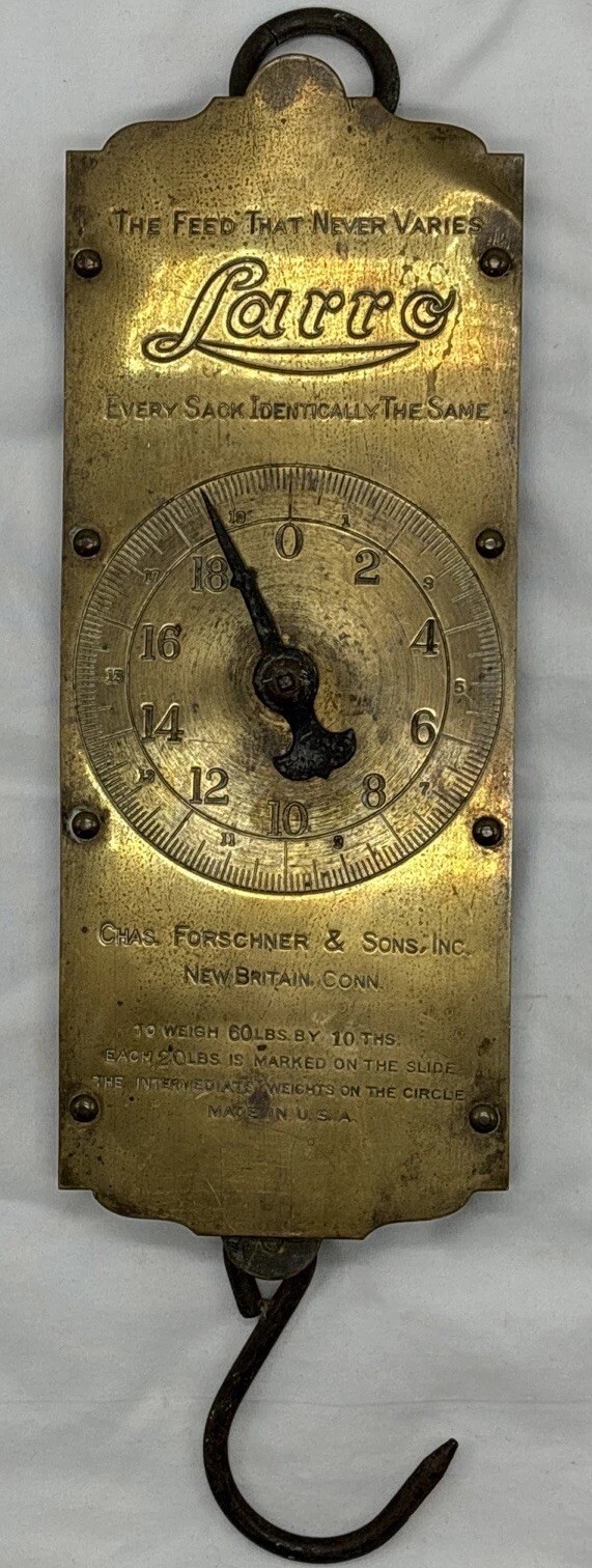 Vintage Larro Farm Sure Milk Brass Hanging Scale Dairy Farm Advertising. Vintage Larro Farm Sure Milk Brass Hanging Scale Dairy Farm Advertising.
