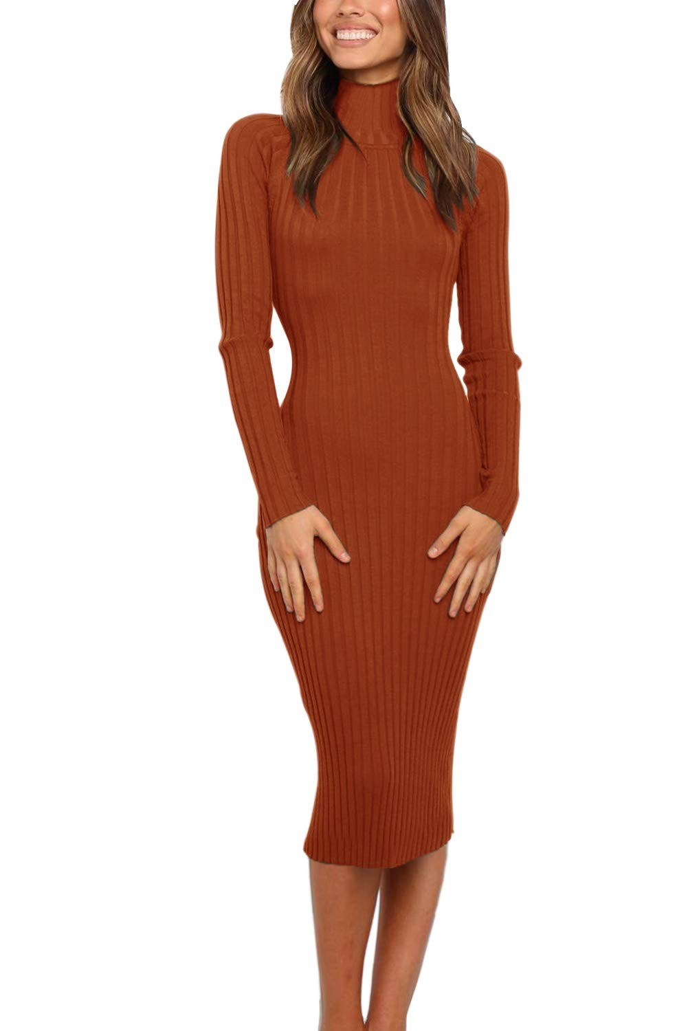 MEROKEETY Women\'s 2025 Ribbed Long Sleeve Sweater Dress High Neck Slim Fit Small