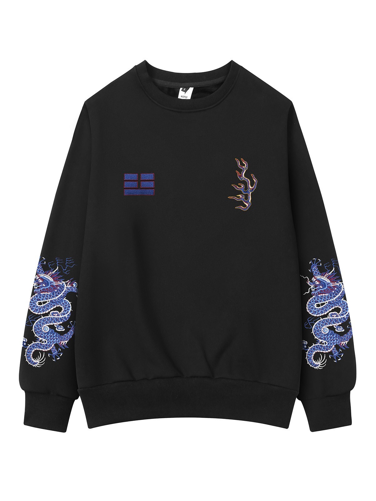 Niepce Men\'s Japanese Streetwear Blue Dragon Embroidered Pullover Sweatshirt