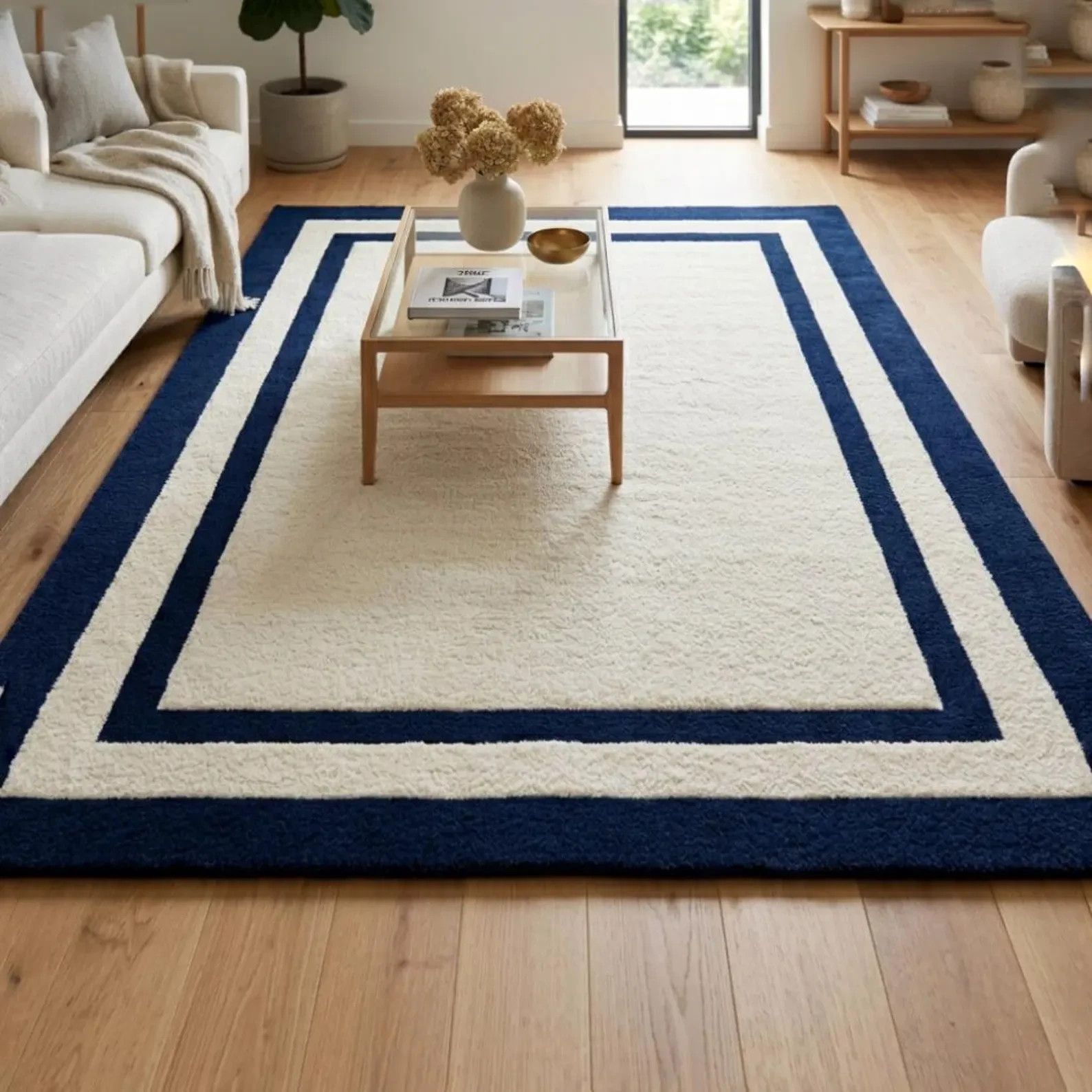 Hand Tufted Wool Rug Navy Blue Ivory Border Modern Minimalist Living Room Area R