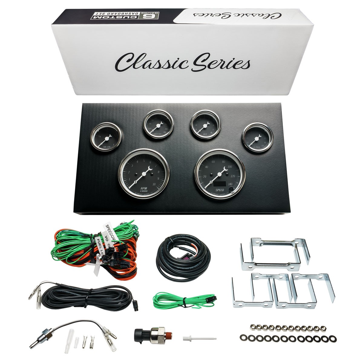 GlowShift Black Classic Series 6-Gauge Instrument Cluster Vintage Gauge Set