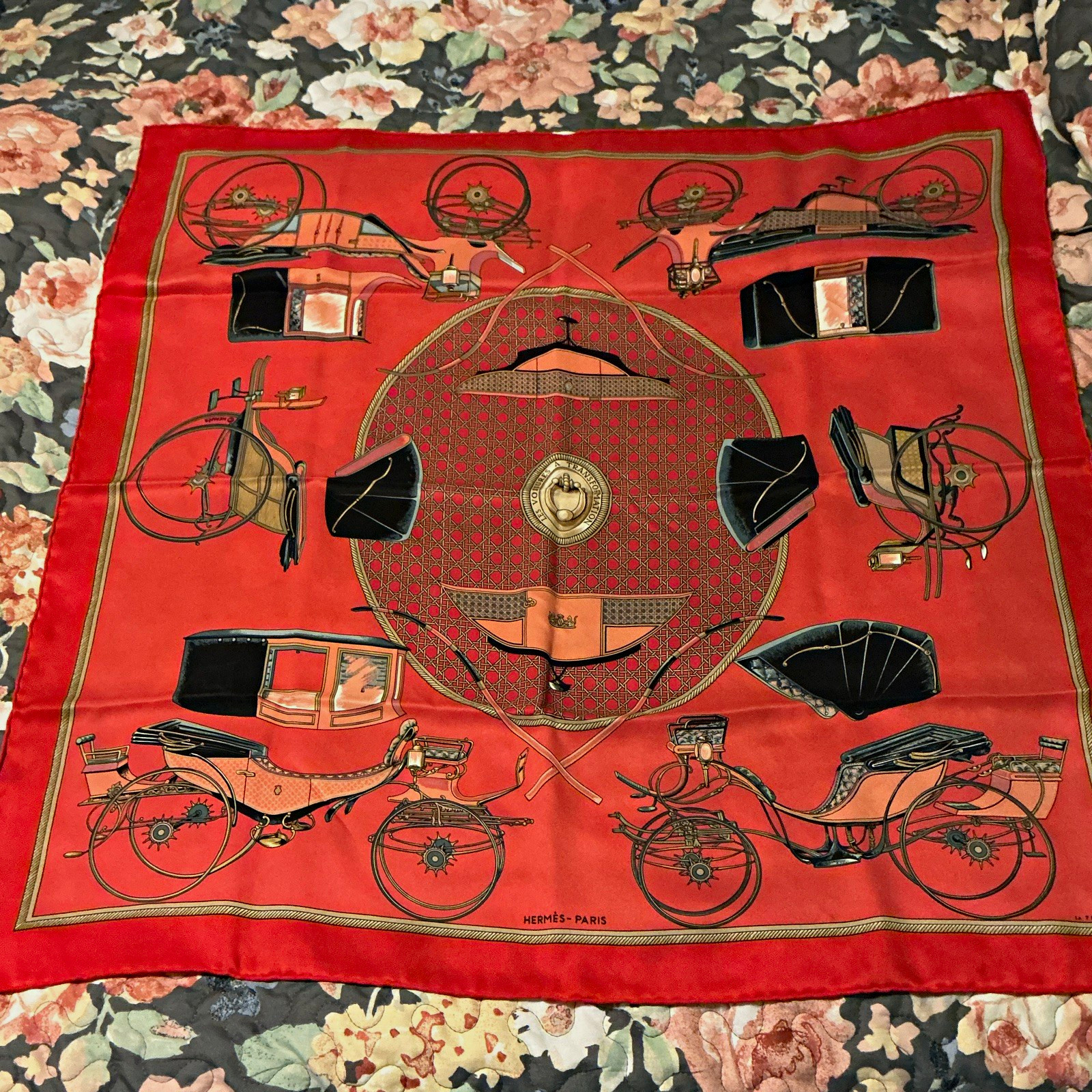 HERMÈS Silk Twill Square Scarf Carriage Horse  Red Black Beige see measurements