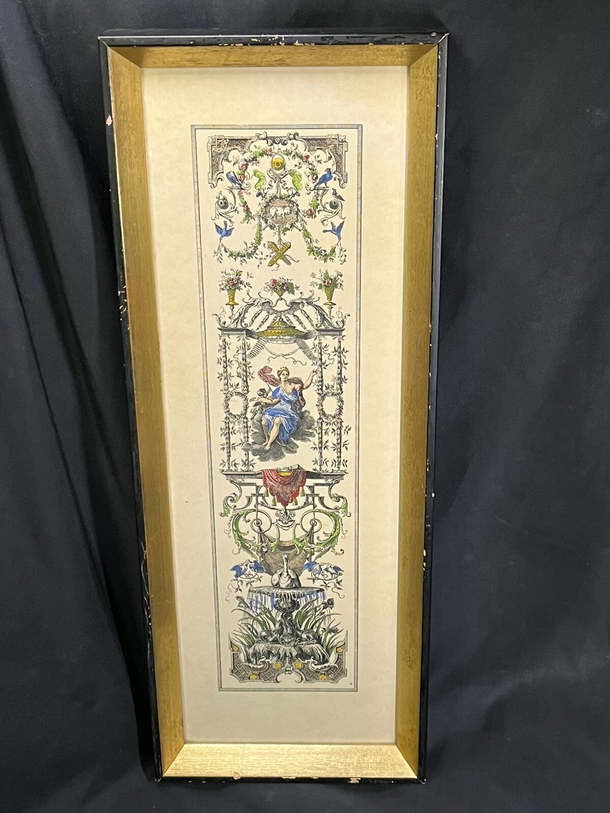 OLD ORIGINAL HAND COLORED ROYAL WOMAN FOUNTIAN & BIRDS ENGRAVING ESOTERIC