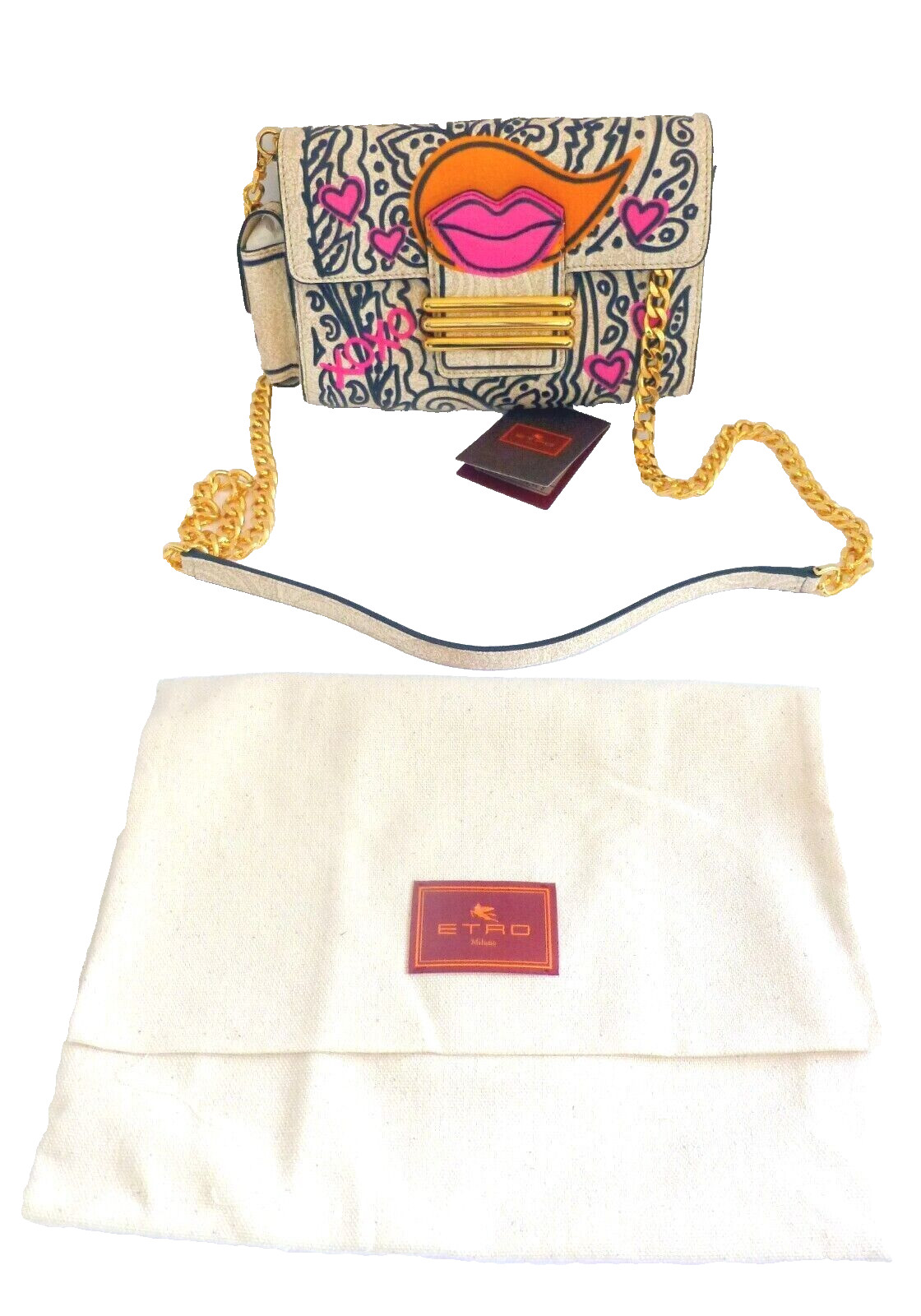 Etro Bag Crossbody Clutch Purse White Colorful Print Leather NWT
