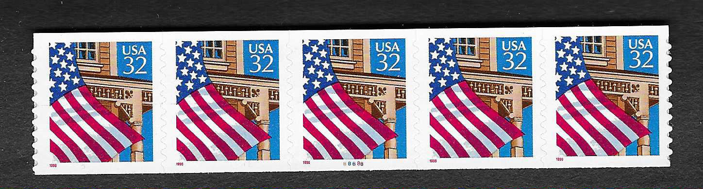 1996 US 2915A COIL PLATE NUMBER STRIP OF 5 FLAG OVER PORCH MNH